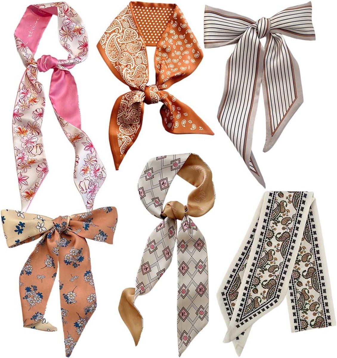 Doek handtas, haardoek, 6 stuks, boho zijden doeken voor dames, satijnen sjaals voor haar, hals, pols en tassen, elegante haaraccessoires