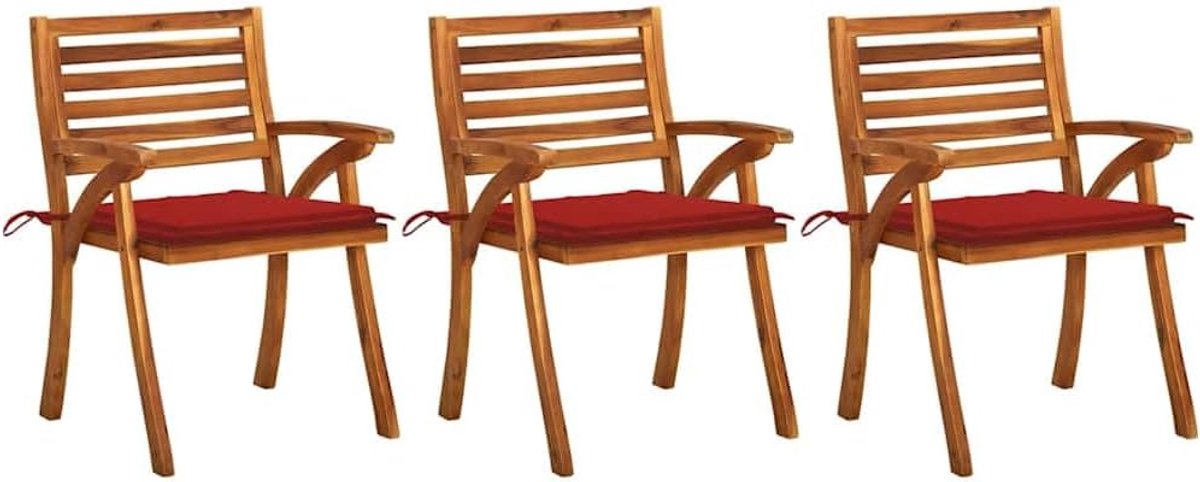Set van 3 tafelstoelen van massief acaciahout met kussens, robuust en stabiel, met koordbevestiging, maximale belastbaarheid 110 kg per zitting.