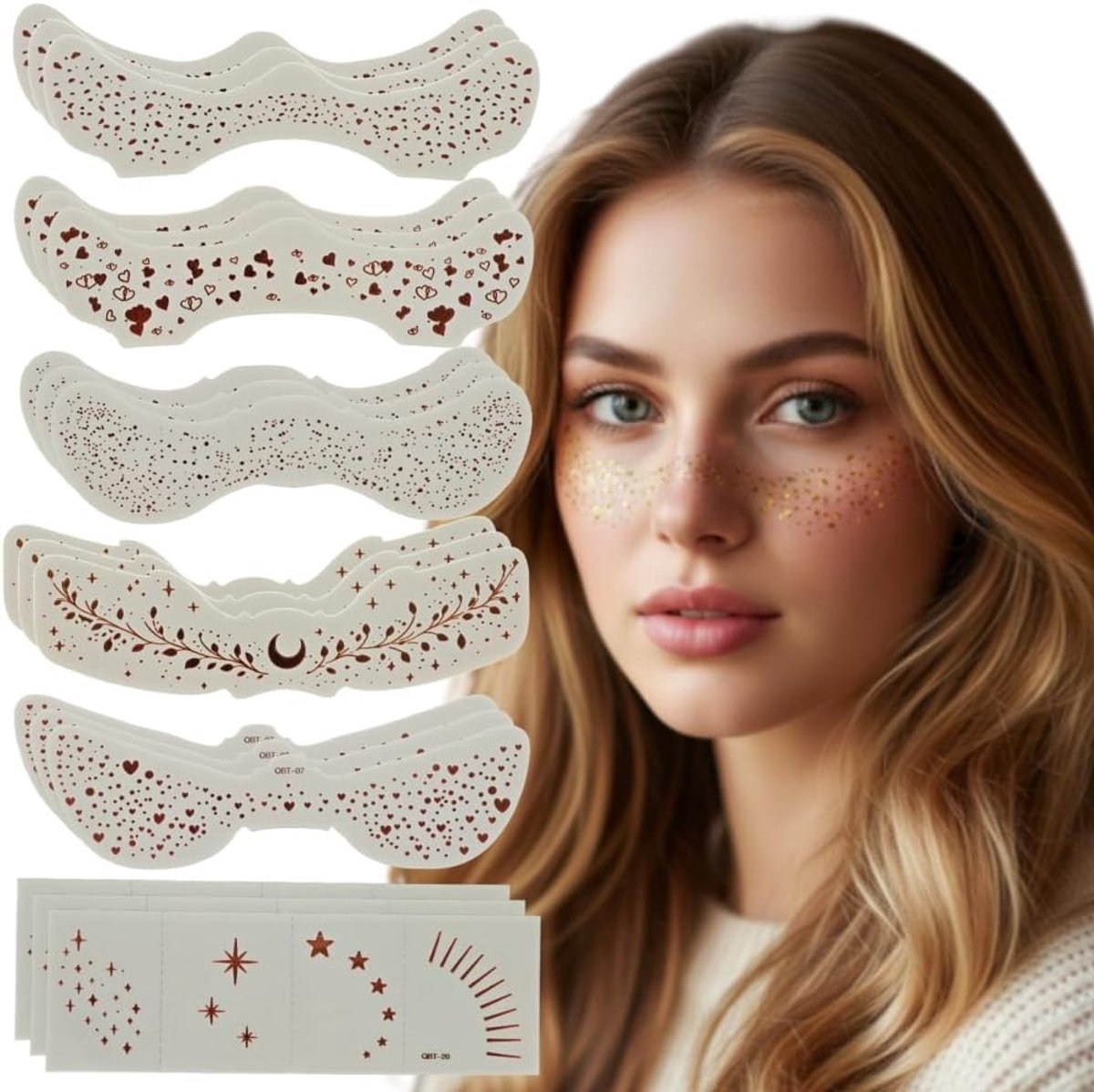 Tijdelijke gezichtstattoos - glitter-zomersproeten goud, watervaste glinsterende make-up patches voor vrouwen, festival, carnaval, dans, goud