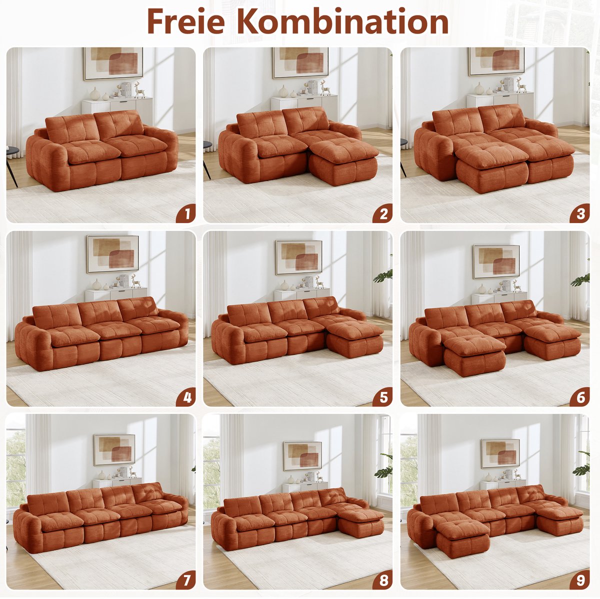 OKWISH Bank - 3-Zits Modulair Frameloos Bankstel 264 x 97 x 68 Cm - Ergonomisch Gekarteld, Zonder Montage - Voor Woonkamer - Chenille - Oranje