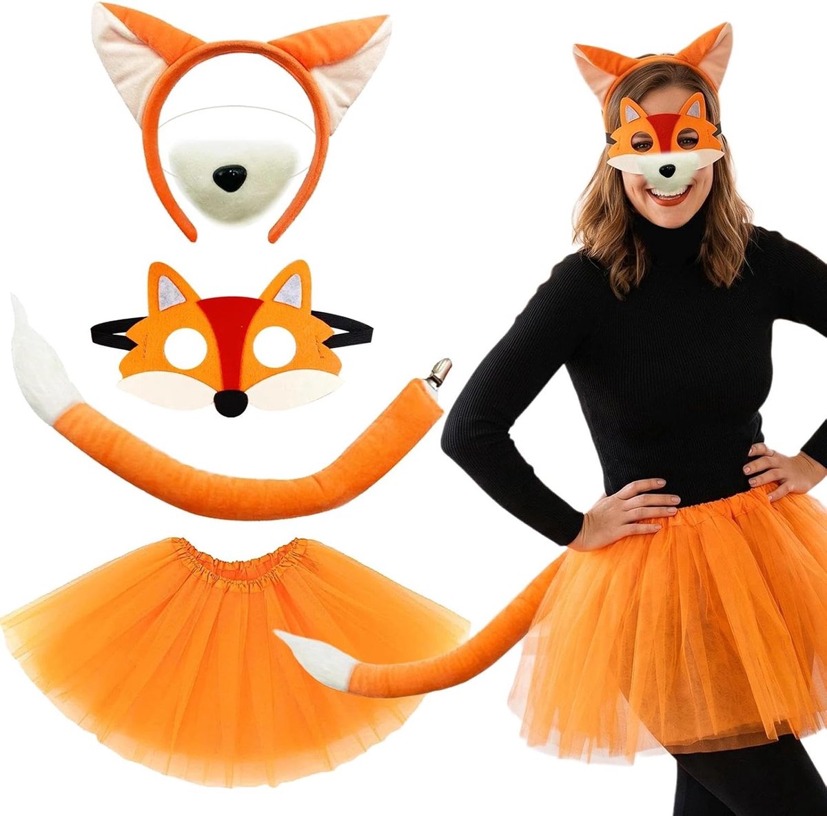 4-delige vossenkostuumset voor dames - vossenoren, lange staart en masker - schattige tutu - perfect voor Halloween - ShopVlot