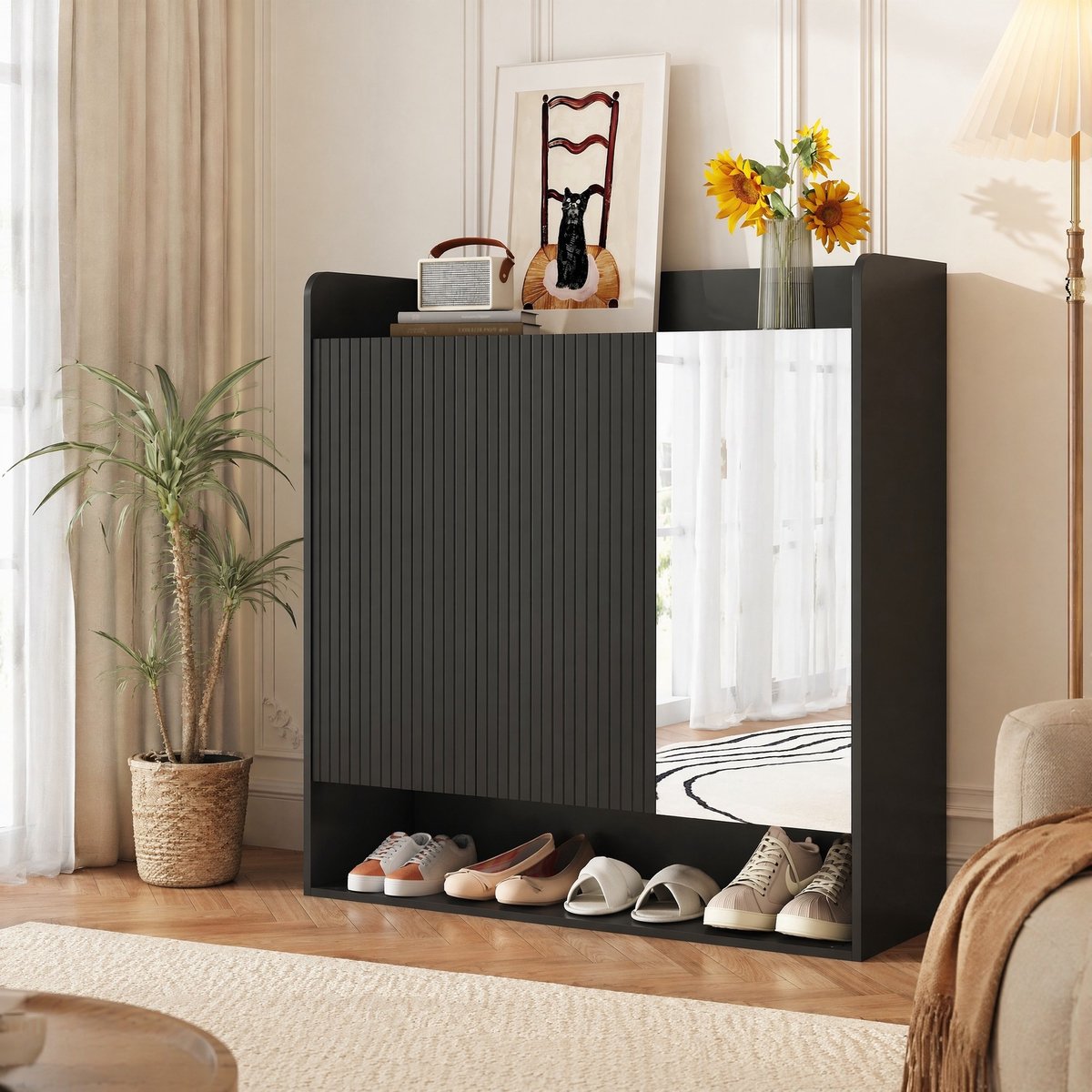 REDOM - Schoenenkast met spiegel - Verticale strepen en verstelbare legplanken - Stofdichte dubbele deuren - Moderne stijl - Hal en woonkamer - MDF en spaanplaat - Zwart - 110 x 35,5 x 110 cm