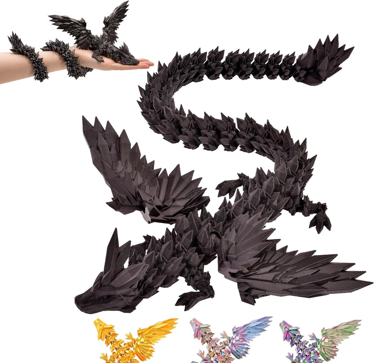 3D drakensculptuur XL - 50 cm zwart - met vleugels - imposant decoratief object - ShopVlot