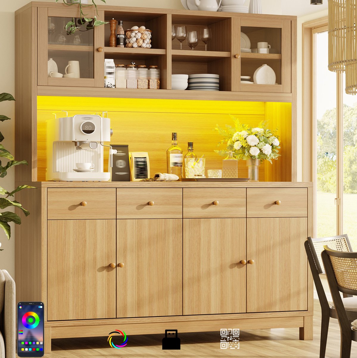 MODENUIT Buffetkast - RGB Led Met App-bediening - Voor Keuken En Eetkamer - MDF - 140x38,5x180 Cm - Hout