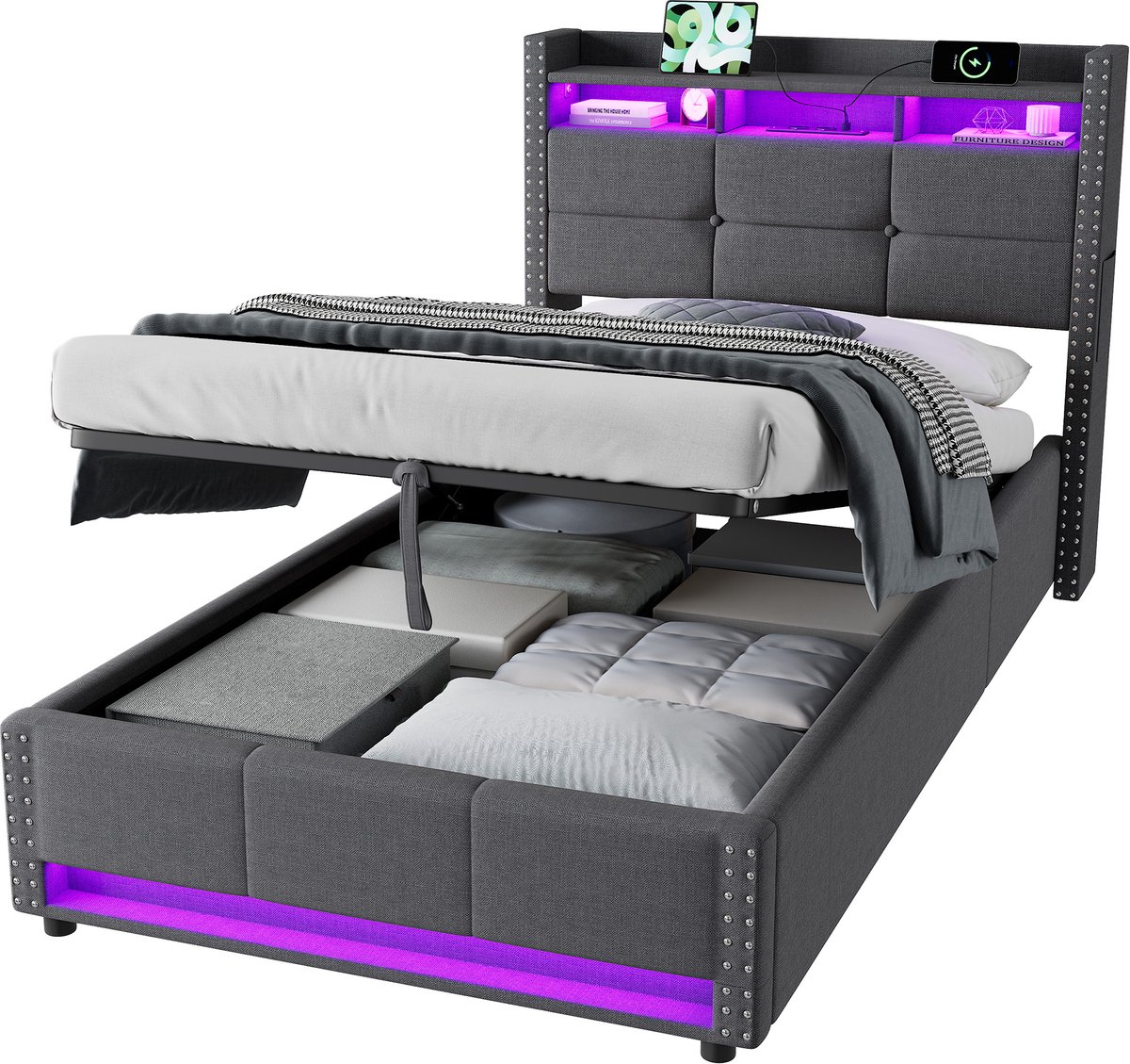 MODFU Hydraulisch Bed 218x101x29 cm – Met LED Verlichting & Oplaadstation – Hoofdeinde met Opbergruimte – Geschikt voor Matras 90x200 cm – Donkergrijs
