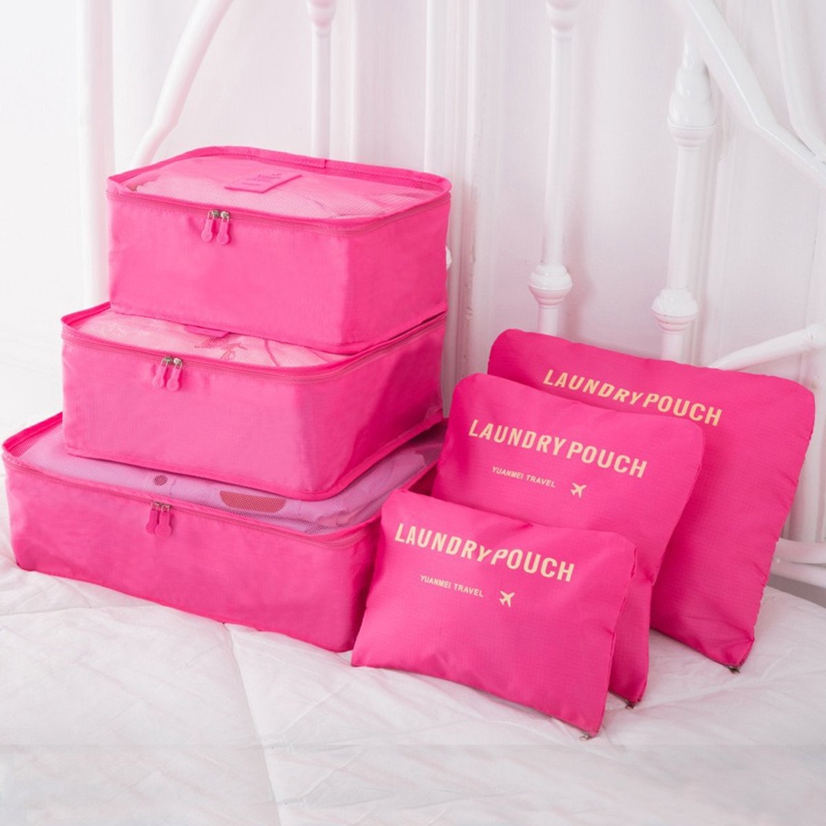Koffer organizer - 6-in-1 set - Reisorganizer inclusief 3 x verpakkingsblokken en 3 x opbergzakken - Reiskledingzakken voor droge kleding, ondergoed, cosmetica en andere accessoires - Roze rood