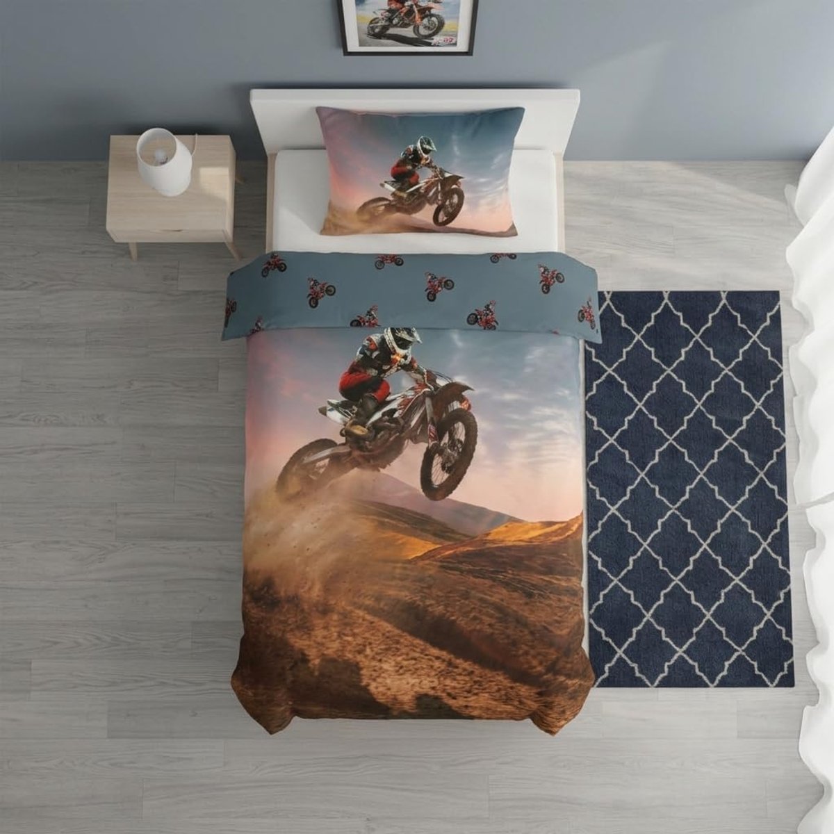 Dekbedovertrek set motocross 135x200 cm - 100% katoen - temperatuurregulerend - perfect voor motorrijders - ShopVlot