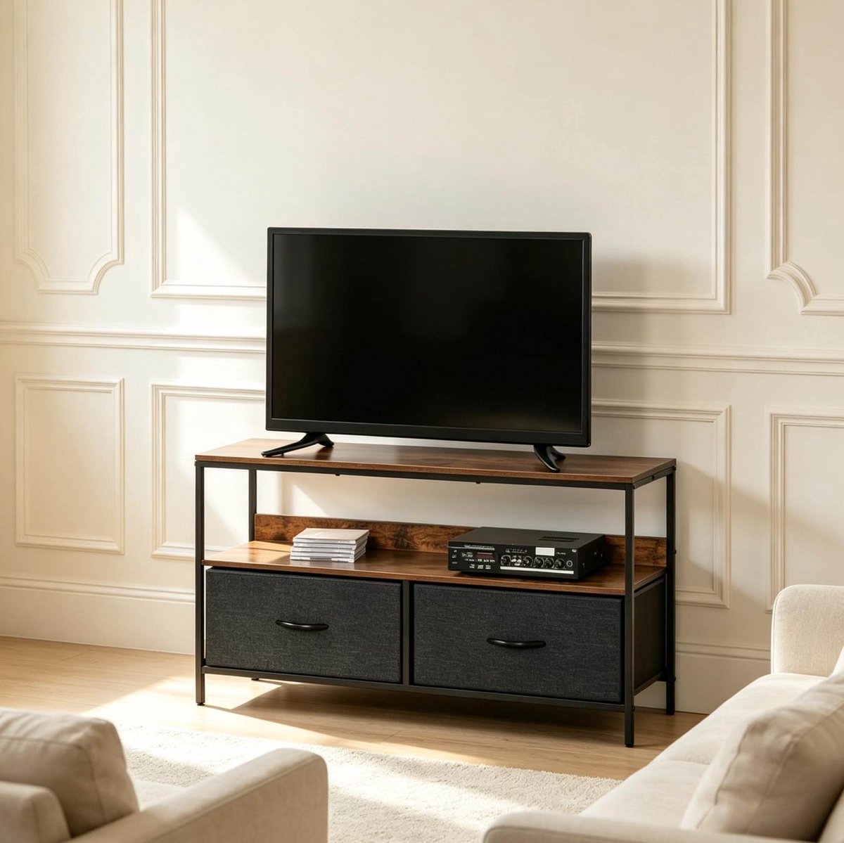 OKWISH Dressoir - TV-Meubel Met 2 Opvouwbare Lades En Open Vak - 98 x 29 x 56 cm - Industriele Opbergruimte - MDF Metaal Linnen