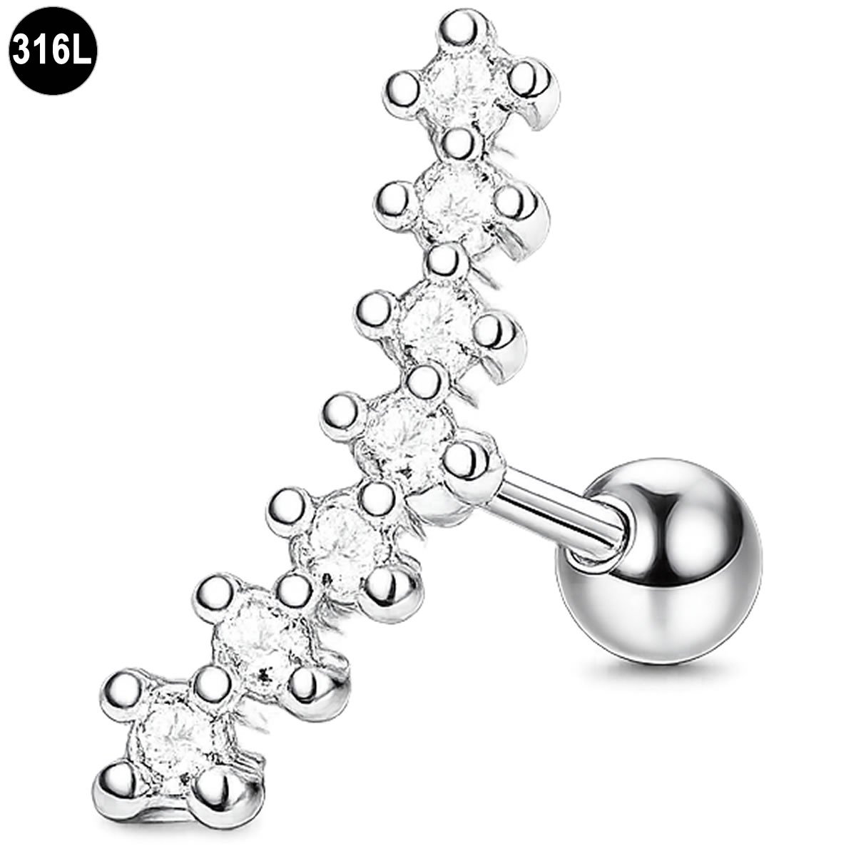 Helix Piercing - Oorpiercing - 316L Chirurgisch Staal – 7 Kristallen – 1.2 x 6 mm – Zilverkleurig
