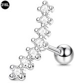 Helix Piercing - Oorpiercing - 316L Chirurgisch Staal – 7 Kristallen – 1.2 x 6 mm – Zilverkleurig