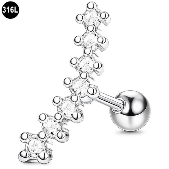 Zilverkleurige helix piercing met 7 kristallen in een golvend patroon. Gemaakt van 316L chirurgisch staal.