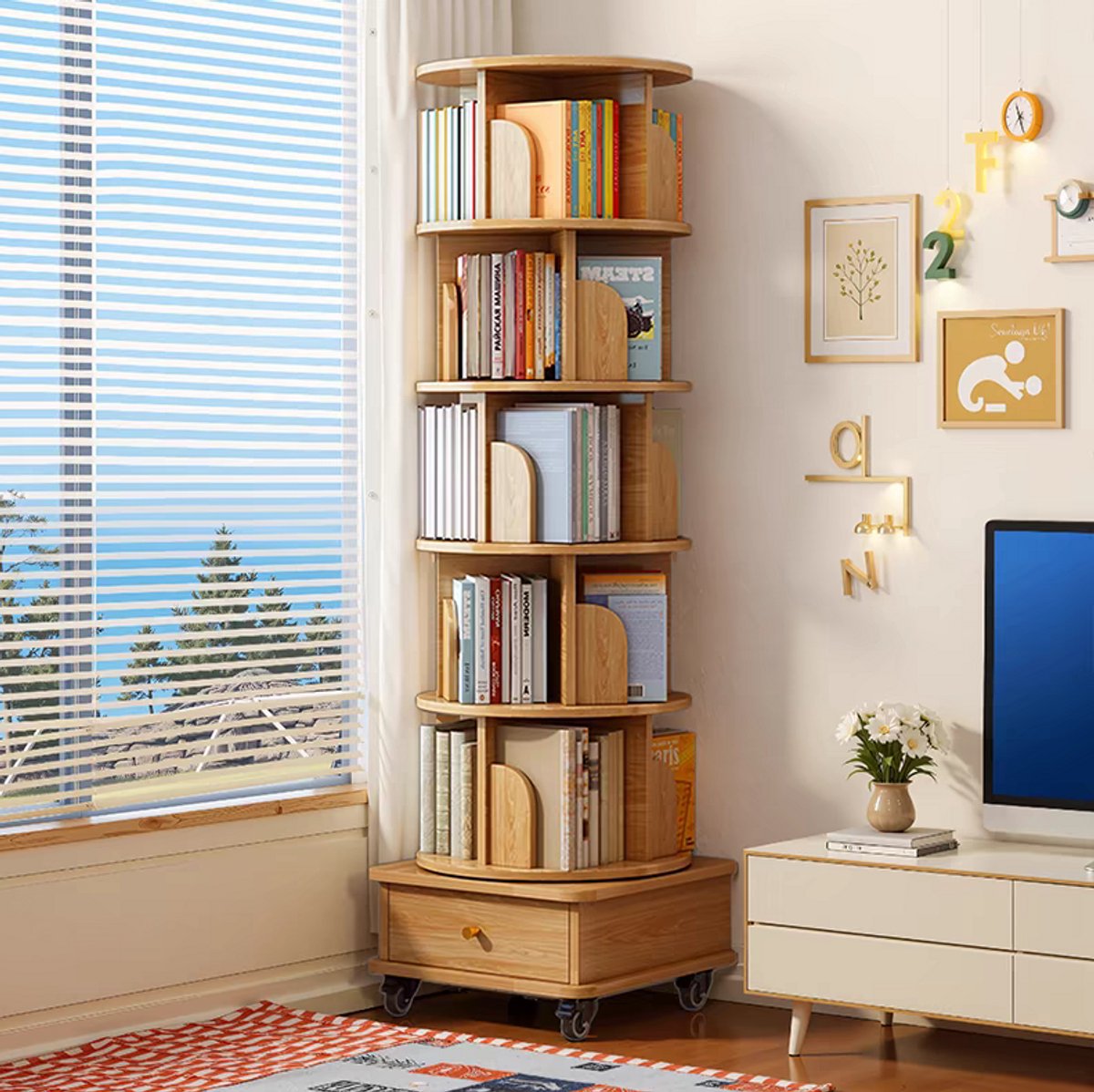 Boekenkast 360 Graden Draaibaar Met Wielen En Lade - 58 X 56 X 29 Cm - MDF - Houtkleur - Voor Woonkamer Slaapkamer En Kantoor
