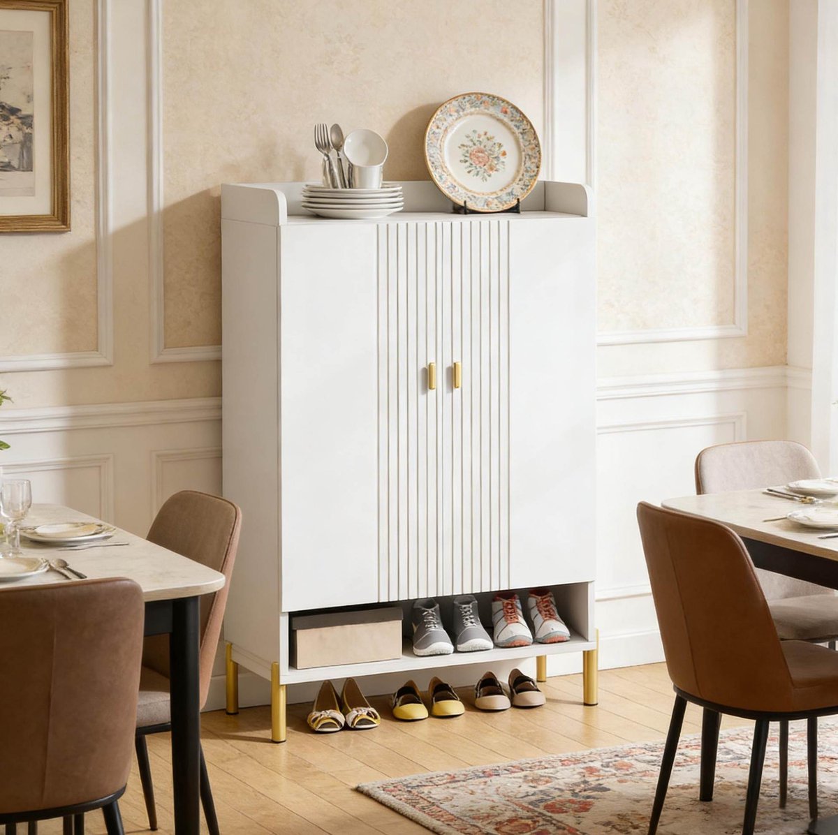 MODENUIT Schoenenkast - 6-Laags Met 2 Deuren - Voor Hal En Slaapkamer - Metaal - Wit/Goud - 75x35x110 Cm