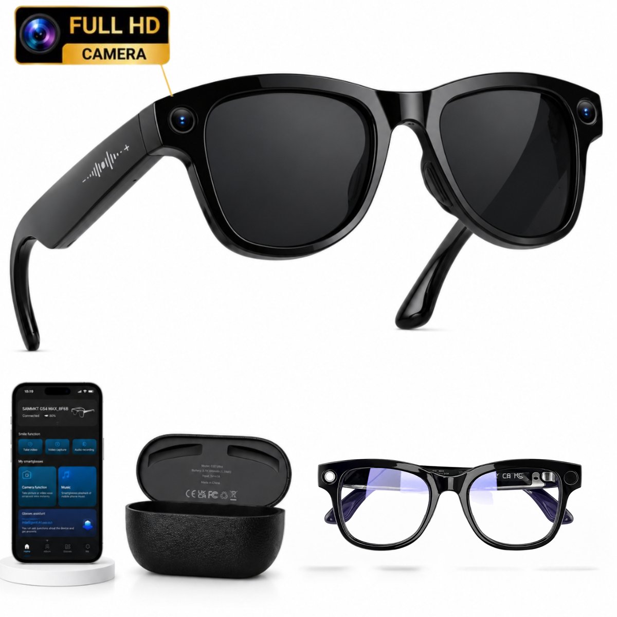 SolutionMarket® AI Smart Glasses – Full HD Camera Bril – Oplaadhoes – Bluetooth Muziek – Vertaalfunctie – Clip-On Zonneglazen – Nederlandse App