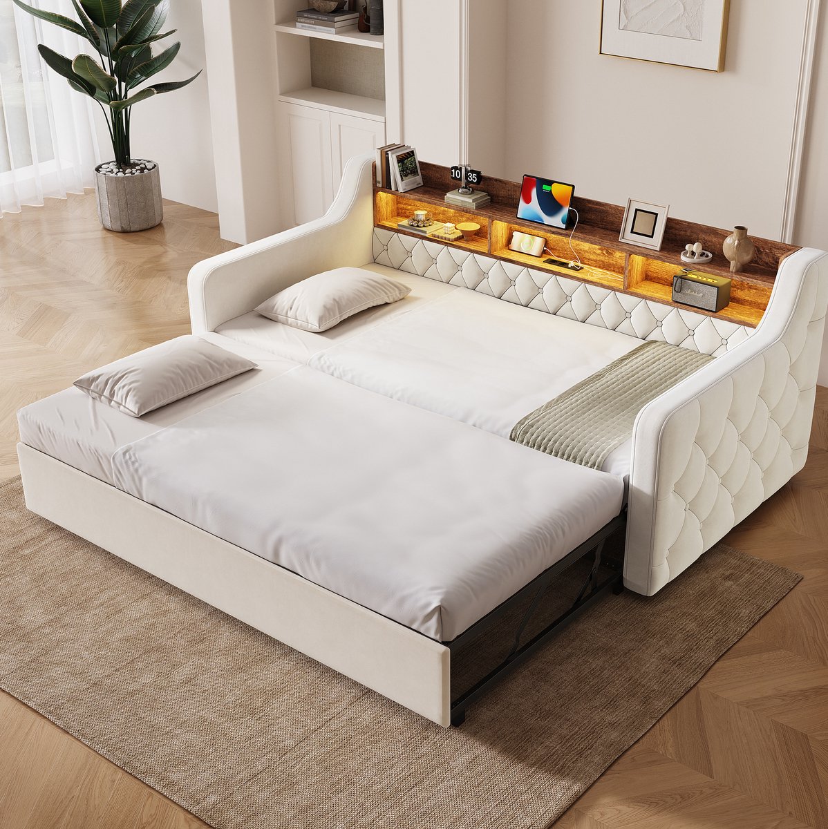 MIVRAY Slaapbank 90x190cm Met Uitziehbed En Opberghoofdbord Met Ledverlichting Usb Type-C Lattenbodem Velours Beige