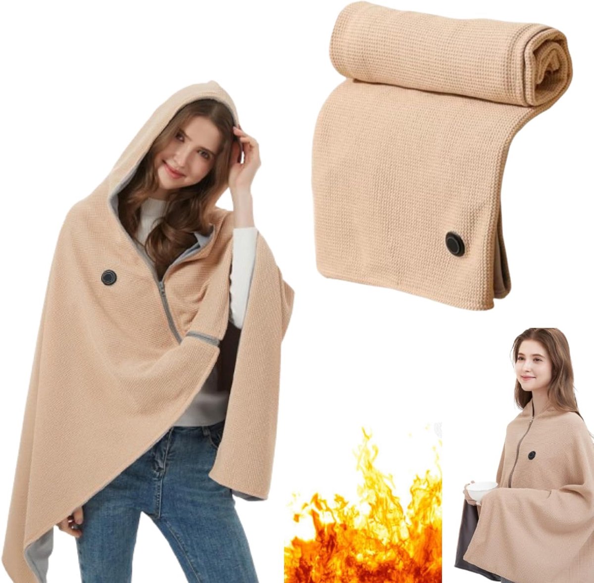 1 Winterse verwarmde deken met capuchon (Powerbank niet inbegrepen) - 150×80cm - Drie temperatuurinstellingen - Opvouwbaar en wasbaar - Draagbare verwarmde deken - Zacht en comfortabel - Geschikt voor binnen- en buitengebruik - Abrikooskleur