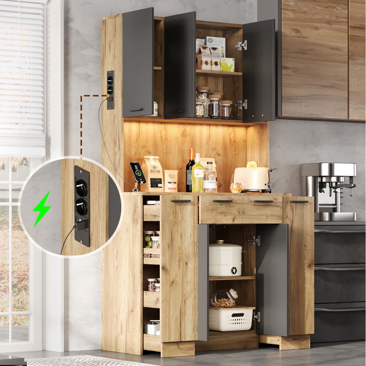 STILVORA Keukenkast - Hoge Kast Met LED, Stopcontact En Uittrekbaar Kruidenrek - Voor Keuken En Eetkamer - Hout - 100x40x180 Cm