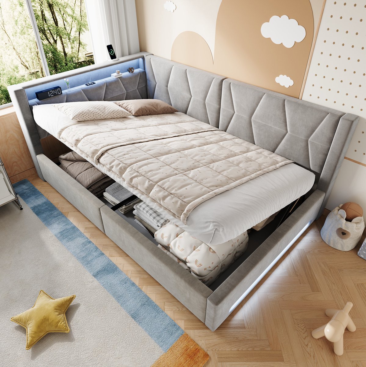 STILVORA Gestoffeerd Bed 140x200 cm – Opbergruimte Met Ledverlichting, USB En USB-C – Hydraulische Bedkast – Voor Slaapkamer – Grijs – Zonder Matras