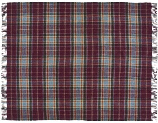 Plaid in ruitpatroon met paarse, blauwe en bruine tinten, met franjes aan alle zijden.