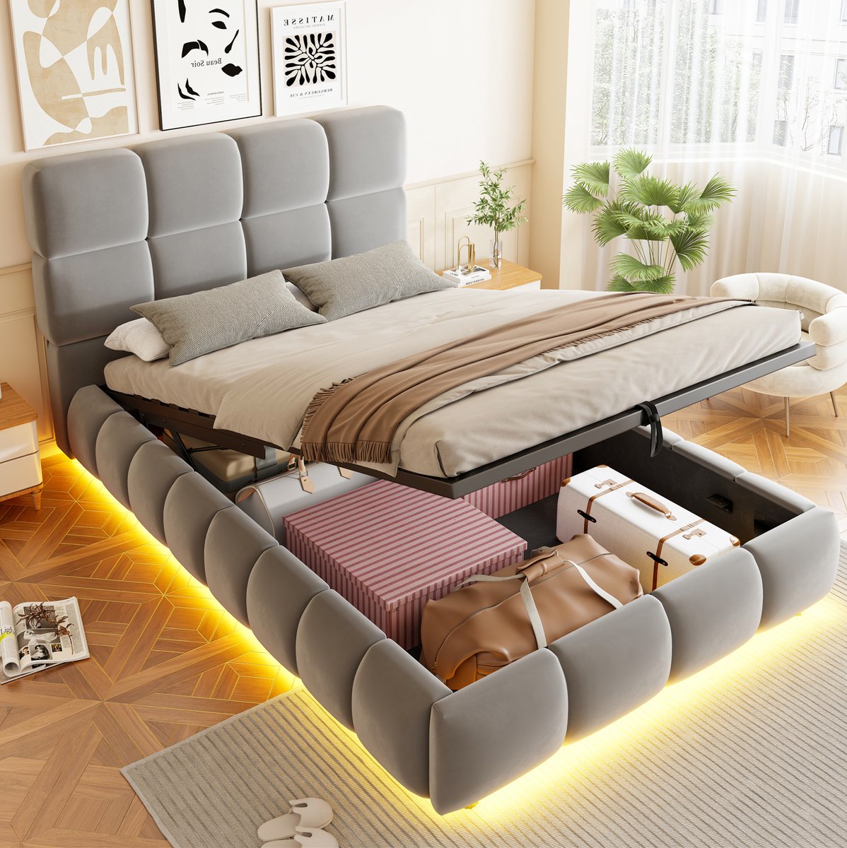 STILVORA Gestoffeerd Bed 90 x 200 cm – Eenpersoons Opbergbed met LED-Verlichting – Hydraulische Opbergruimte – Zonder Matras – Fluweel – Grijs