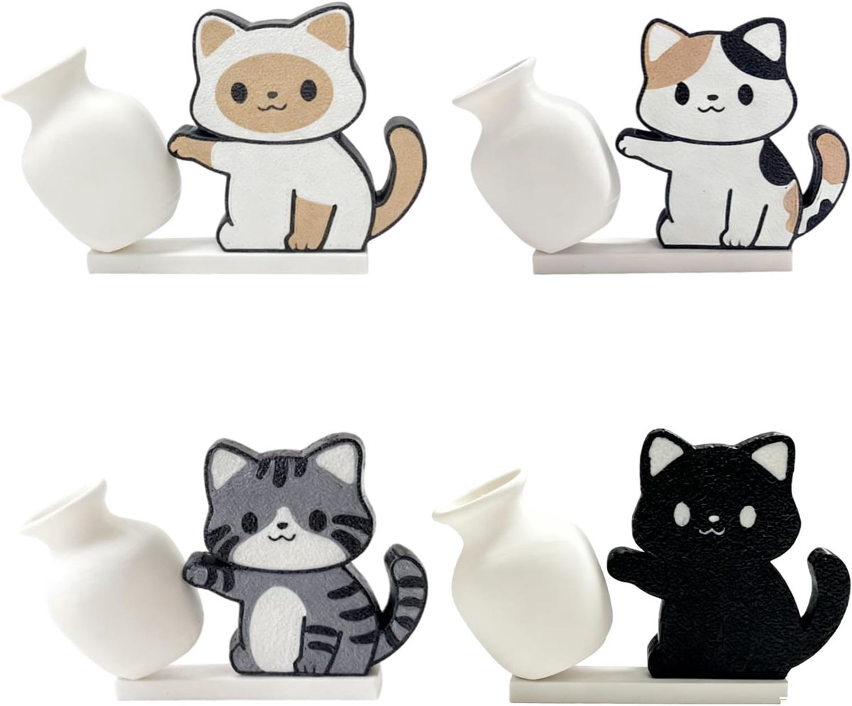 Set van 4 Koelkastmagneten Katvorm - Mini Vaas met Snor - Originele Decoratie voor Huisdierenliefhebbers - SnelShoppen