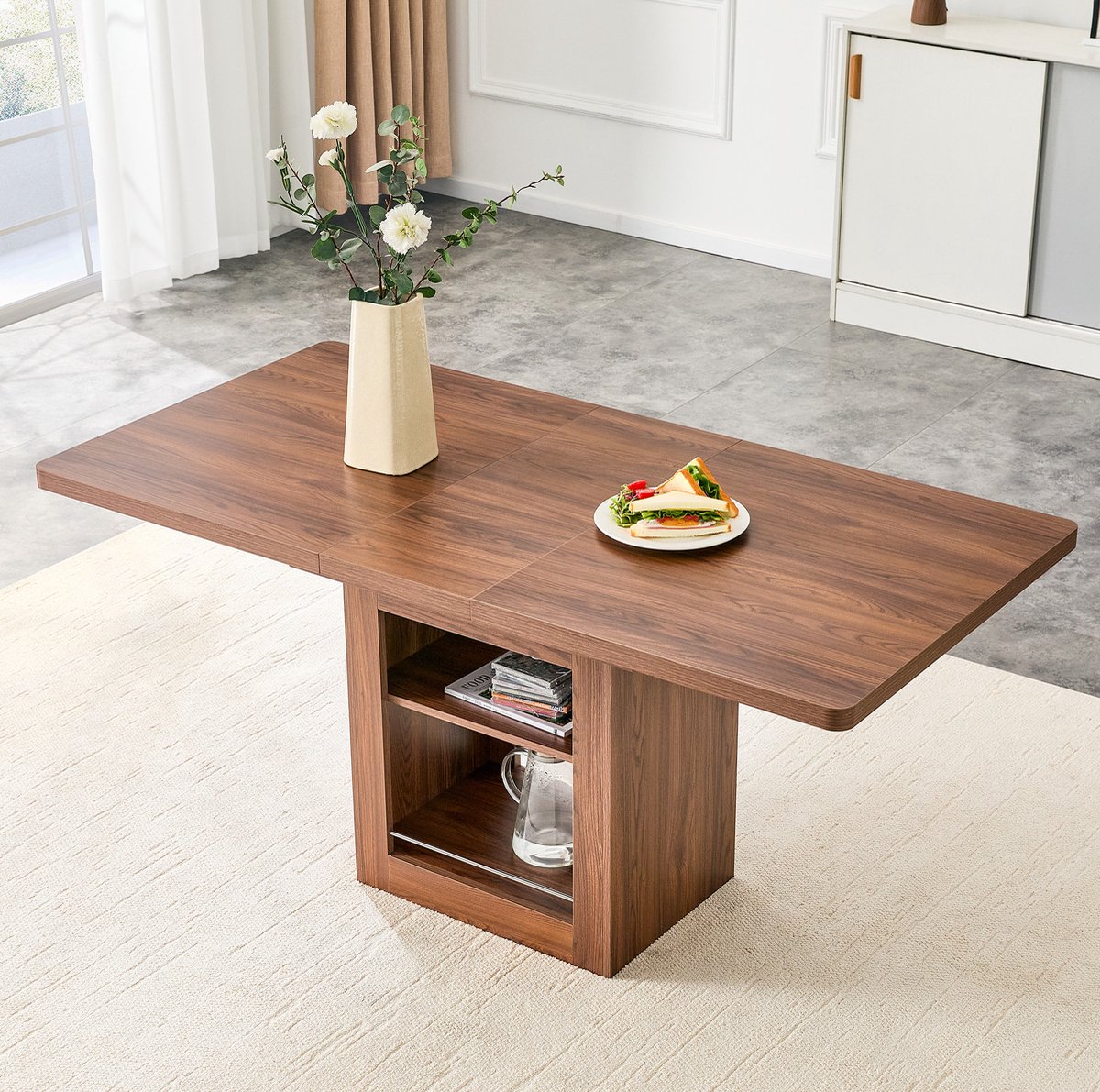 Uitschuifbare Eettafel Met Opbergruimte - Modern Rechthoekig Design Voor 4 Tot 8 Personen - Walnootkleurig MDF