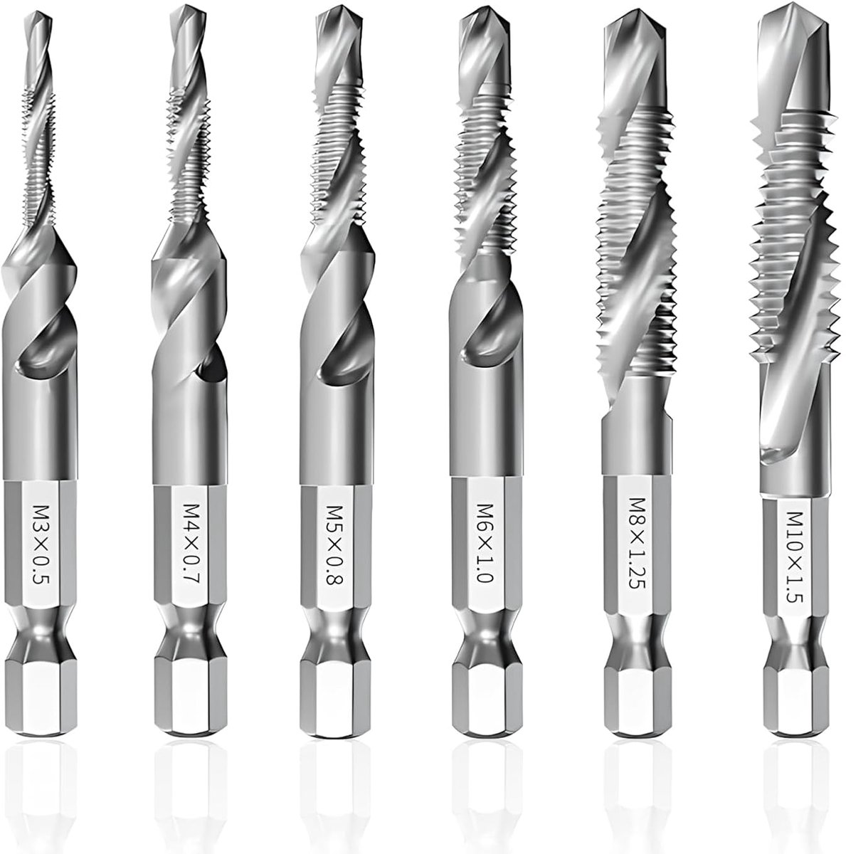 Set van 6 tapsets M3 M4 M5 M6 M8 M10 - combinatie tappen met hexagonale shank - anti-roest coating voor metaal en hout