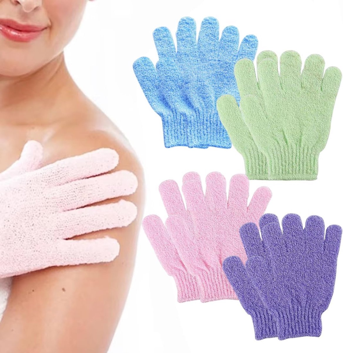 Exfoliërende handschoenen set van 8 - Kleurrijke peeling handschoenen - Voor dagelijkse verzorging en massage - SnelShoppen