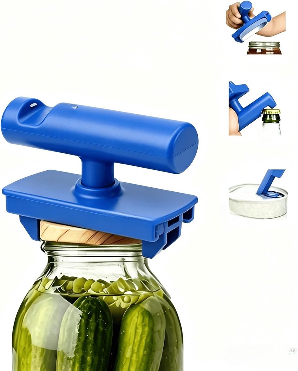 casalora 3-in-1 Multifunctionele Blik- en Flesopener – Verstelbare Potopener met Antislip Handgreep – Voor Potten, Blikken en Flessen – Keukenhulp – Blauw