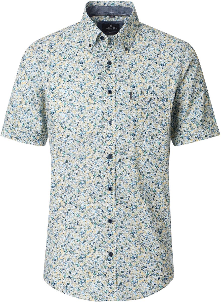 CASA MODA Sport casual fit overhemd - korte mouw - structuur - wit - blauw - geel - groen dessin