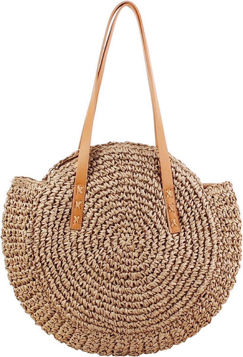 Rieten schoudertas groot - bruin - retro rond - perfect voor strand en shopping - SnelShoppen