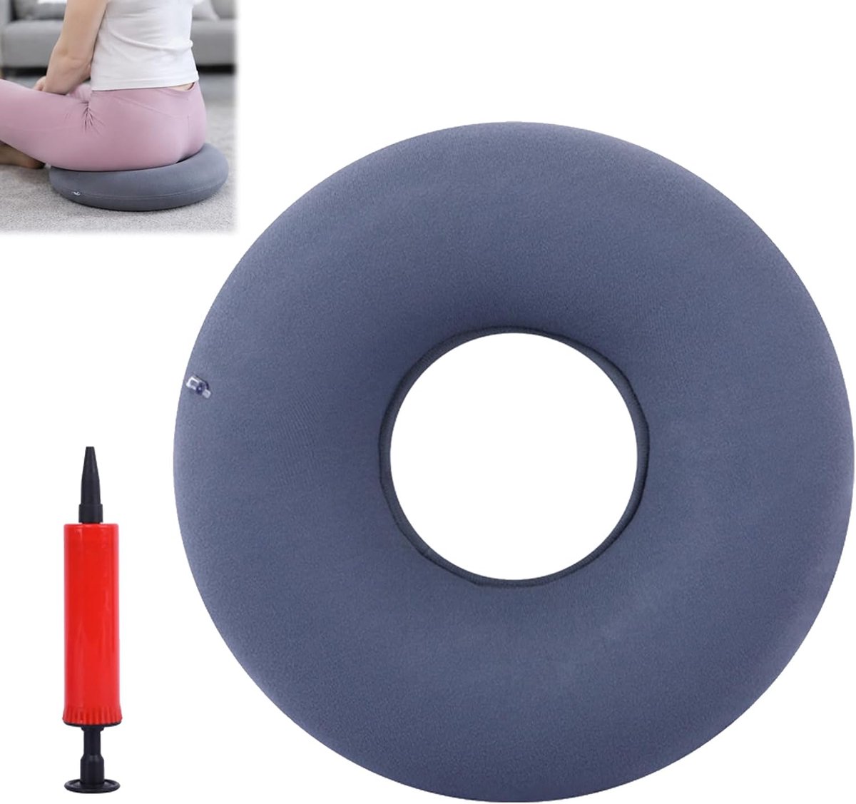 Donutkussen grijs 38 cm - opblaasbaar pvc - luchtpomp inbegrepen - ergonomische ondersteuning - SnelShoppen