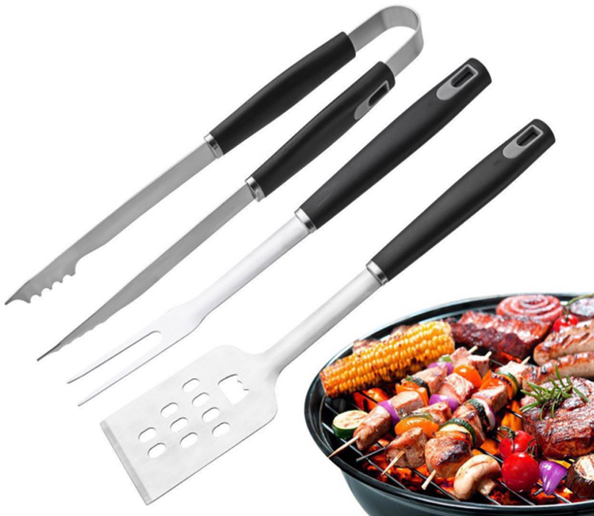 KZQ 3-delige RVS BBQ-gereedschapset - Grilltang vork en spatel - Compact en draagbaar voor outdoor barbecues - Roestvrij staal voor langdurig gebruik - Zilver