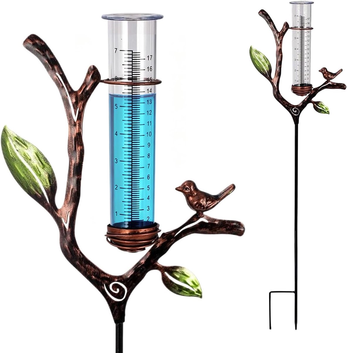 Regenmeter voor tuin, tuindecoratie, regenmeter, vorstbestendig, neerslagmeter met staaf, voor tuin, gazon, landschap, terras, cadeau voor tuinliefhebbers (takken bladeren)