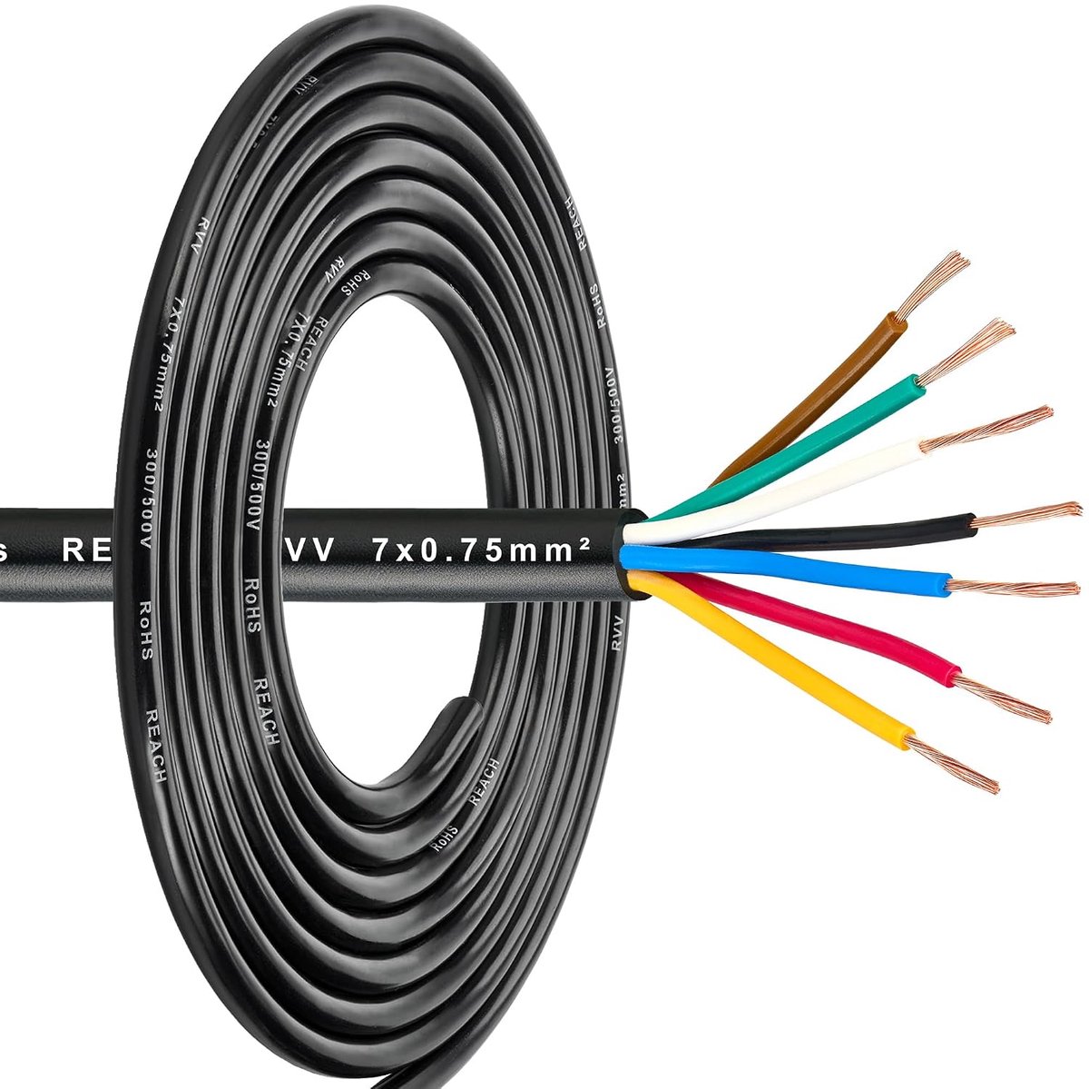 Kabel voor Aanhanger 7-aderige 0,75mm², Flexibel Rond Koper Elektrische Draad 12V/24V, 5M 7-polige Kabel voor Aanhangwagen, Caravans Aanhangerlampen, RoHs Reach Goedgekeurd