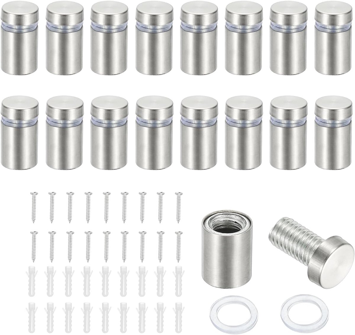 Schroeven, 16 stuks roestvrijstalen standaard wandsteunen wandbord montage hardware reclame standoff nagel voor opknoping acryl borden fotolijst, zilver