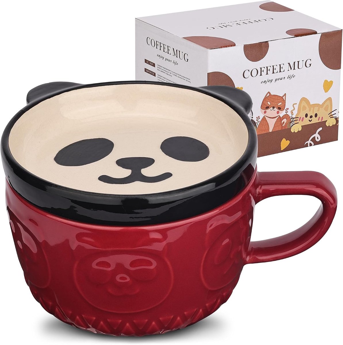Keramische panda koffiebeker met deksel, koffiebeker of theebekerken voor pandaliefhebbers, grappige nieuwe panda ontbijtbeker voor vrouwen, vrienden, kinderen, Kerstmis, verjaardag, 300 ml