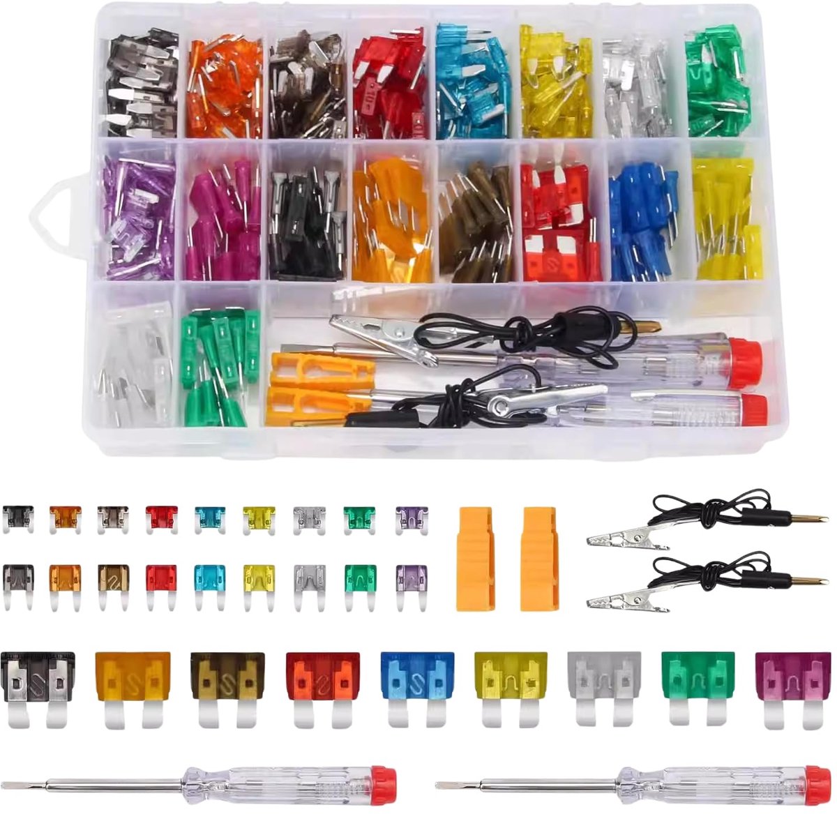 306 stuks autozekeringen, 108 mini + 108 standaard + 90 micro autozekeringen + zekeringtrekker en spanningstester 2A 3A 5A 7,5A 10A 15A 20A 25A 30A 35A 40A voor auto, camper, motorfiets