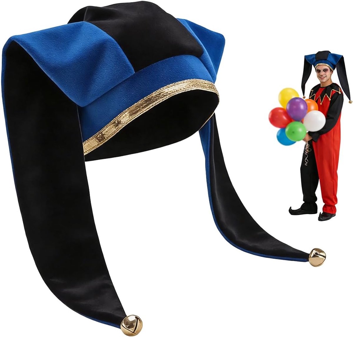 Jester hoed met klokken harlekijn hoed middeleeuws carnaval kostuum accessoire met gouden rand voor volwassenen Halloween maskerade feest