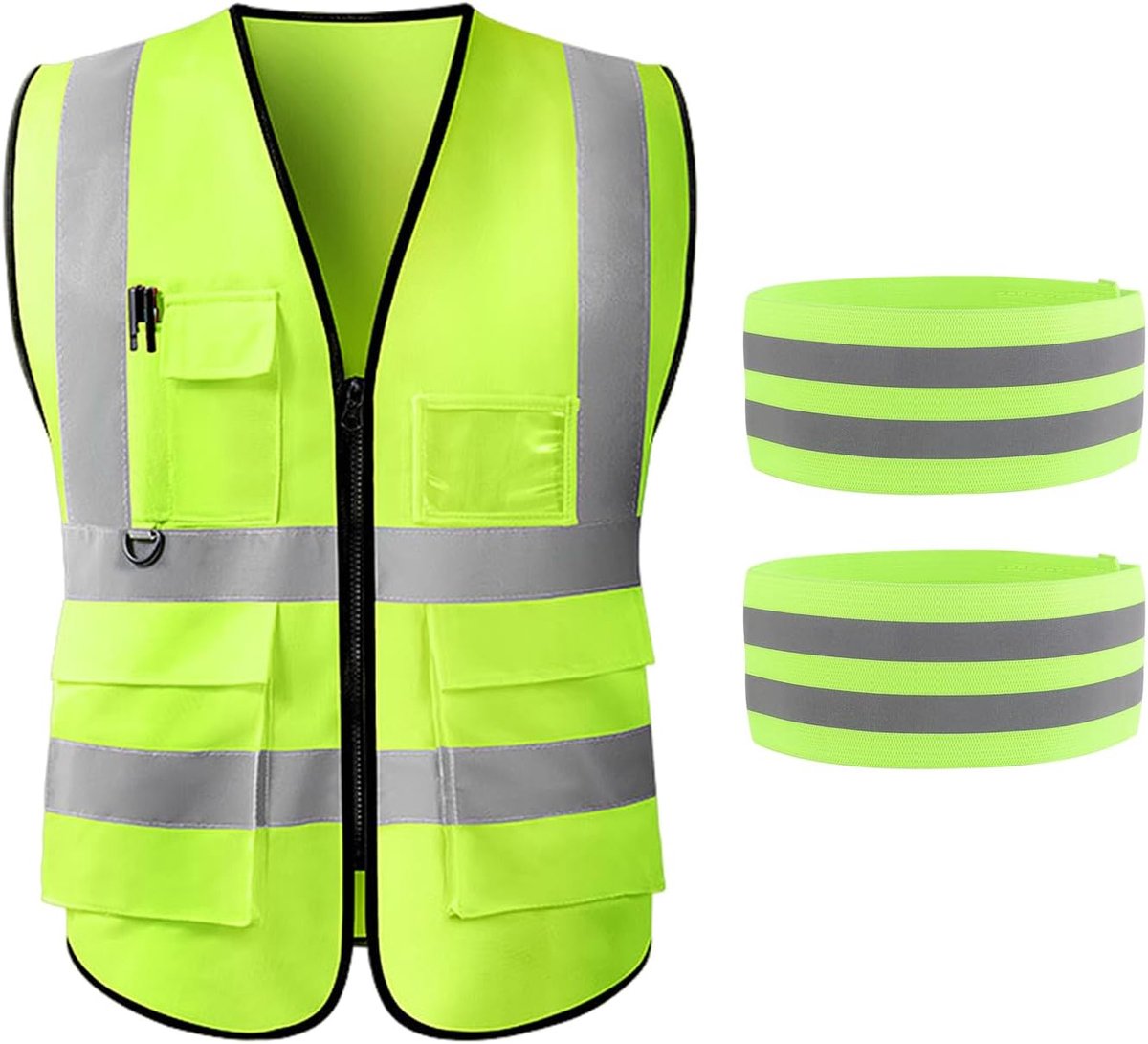 1 Stuk Fluorescerend Groen Reflecterend Vest En 1 Paar Reflecterende Riemen Voor Fietsen Enkel, Nacht Veiligheidswaarschuwing, Hoge Zichtbaarheid.