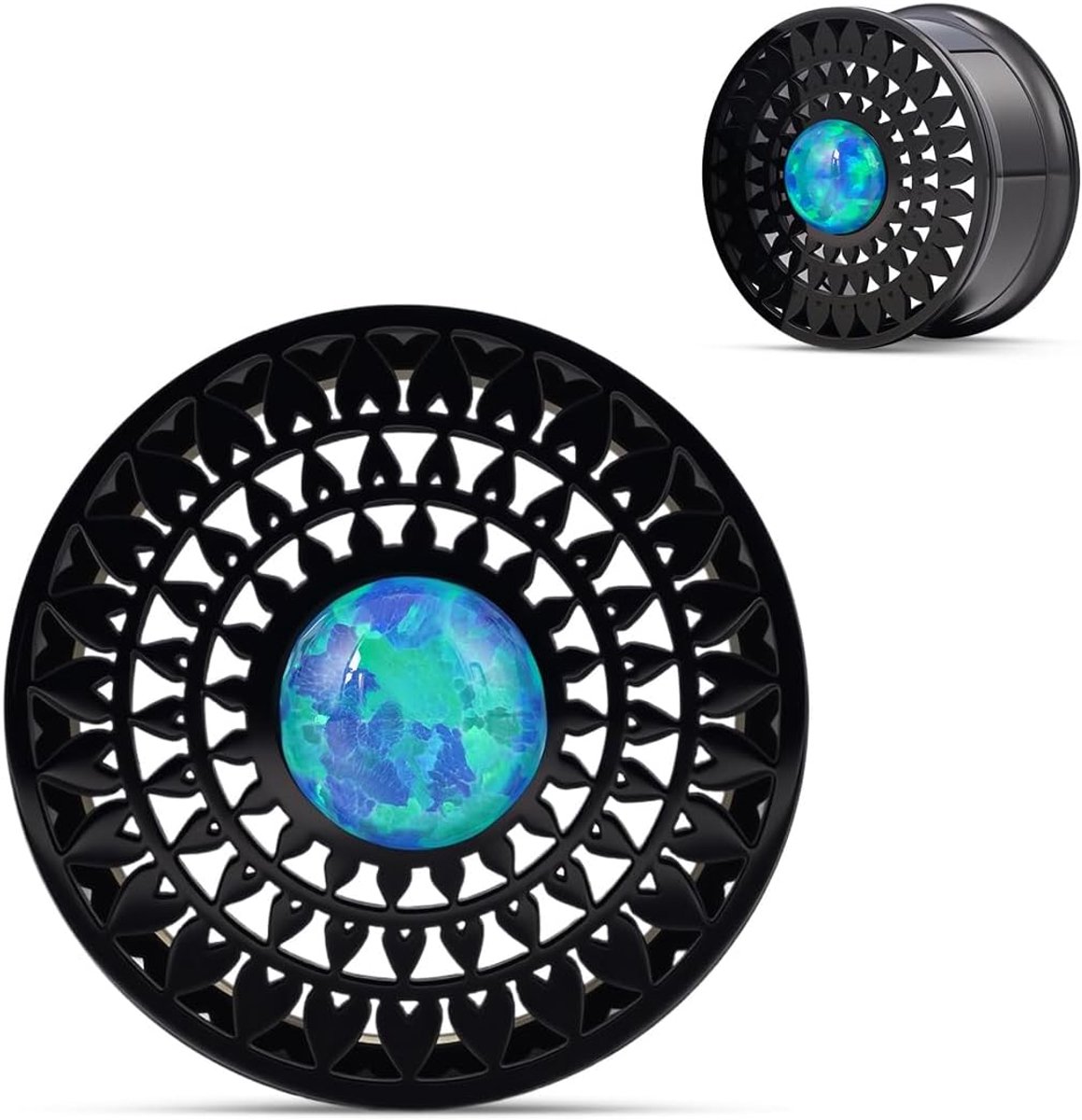 Oordopalen, zwarte geometrische bloemmeters, roestvrij staal, etnische stijl tunnels voor uitgerekte piercings.