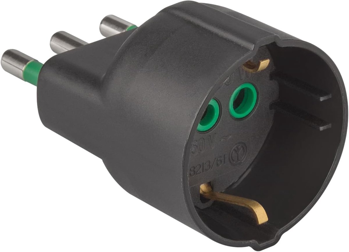 Adapter voor Duits-Italiaanse stekker 16A Italiaanse stekker Duits-Italiaans stopcontact 16A Made in Italy zwart