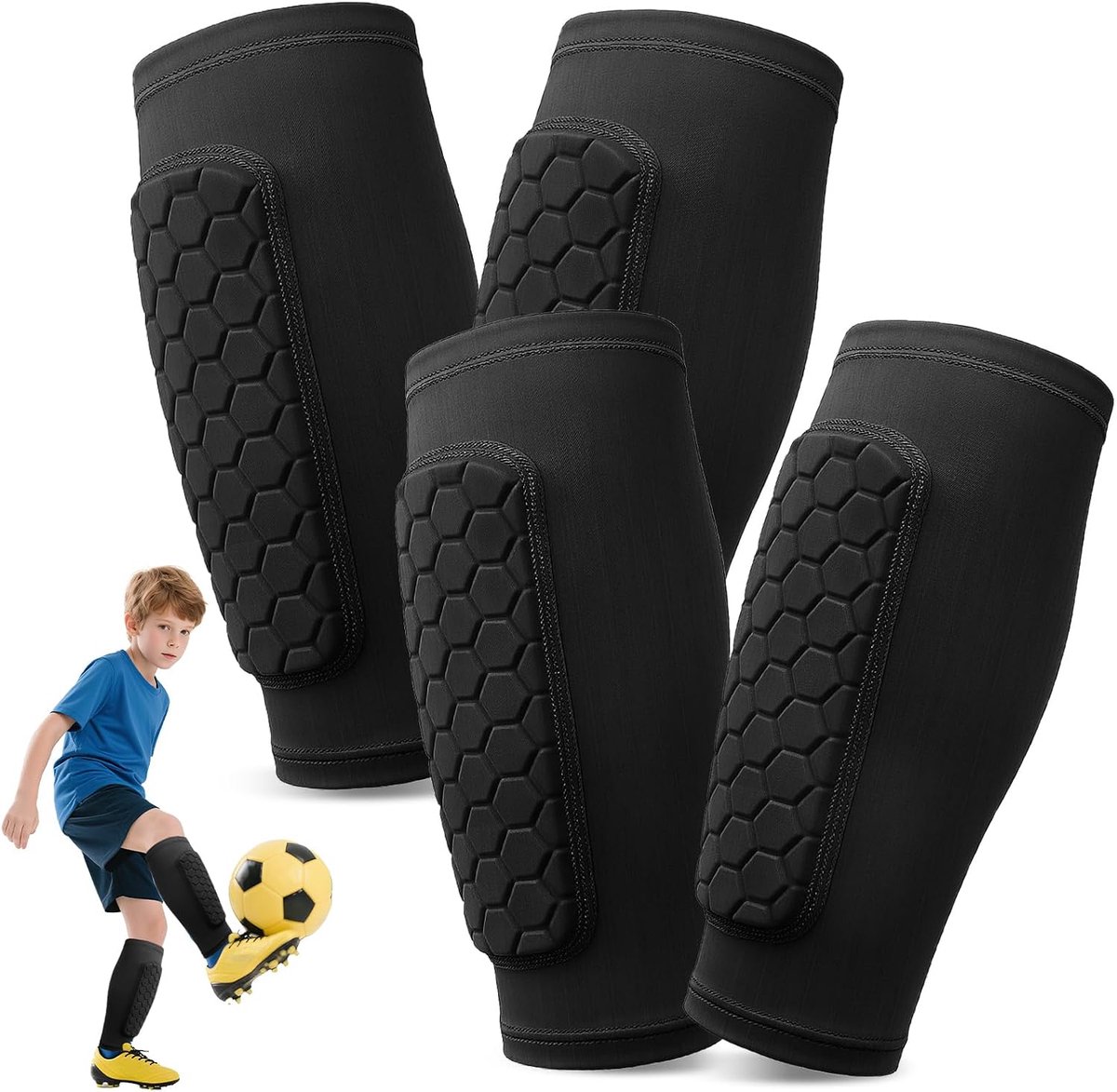 Scheenbeschermers voor Kinderen en Volwassenen, Kuitbescherming Ademend en Antislip, Voetbal Scheenbeschermers met Honingraatstructuur voor Jongeren Heren