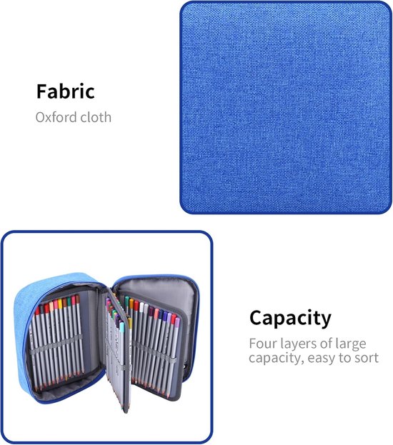 72 sleuven etui, grote capaciteit opvouwbare etui, multifunctionele stof potlood tas organizer met ritssluiting, voor kleurpotloden, tekenpotloden, pennen(blauw) — afbeelding 4
