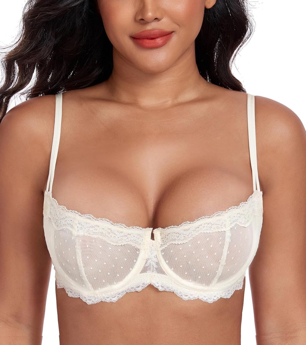 Balconette kanten beha voor dames, halve cups met beugels, sexy, semi-transparant, zonder vulling, push-up, Beige, 95B