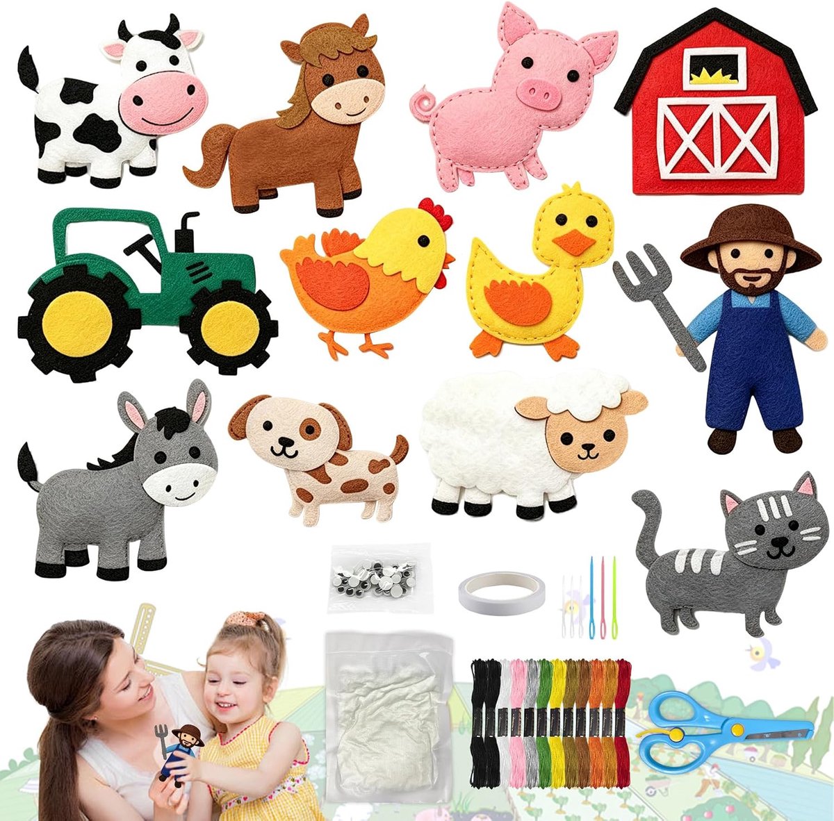 Naaiset van vilt voor kinderen, 12 stuks, doe-het-zelf dierennaaiset voor beginners, set voor kinderen vanaf 6 jaar, knutselset voor en beginners