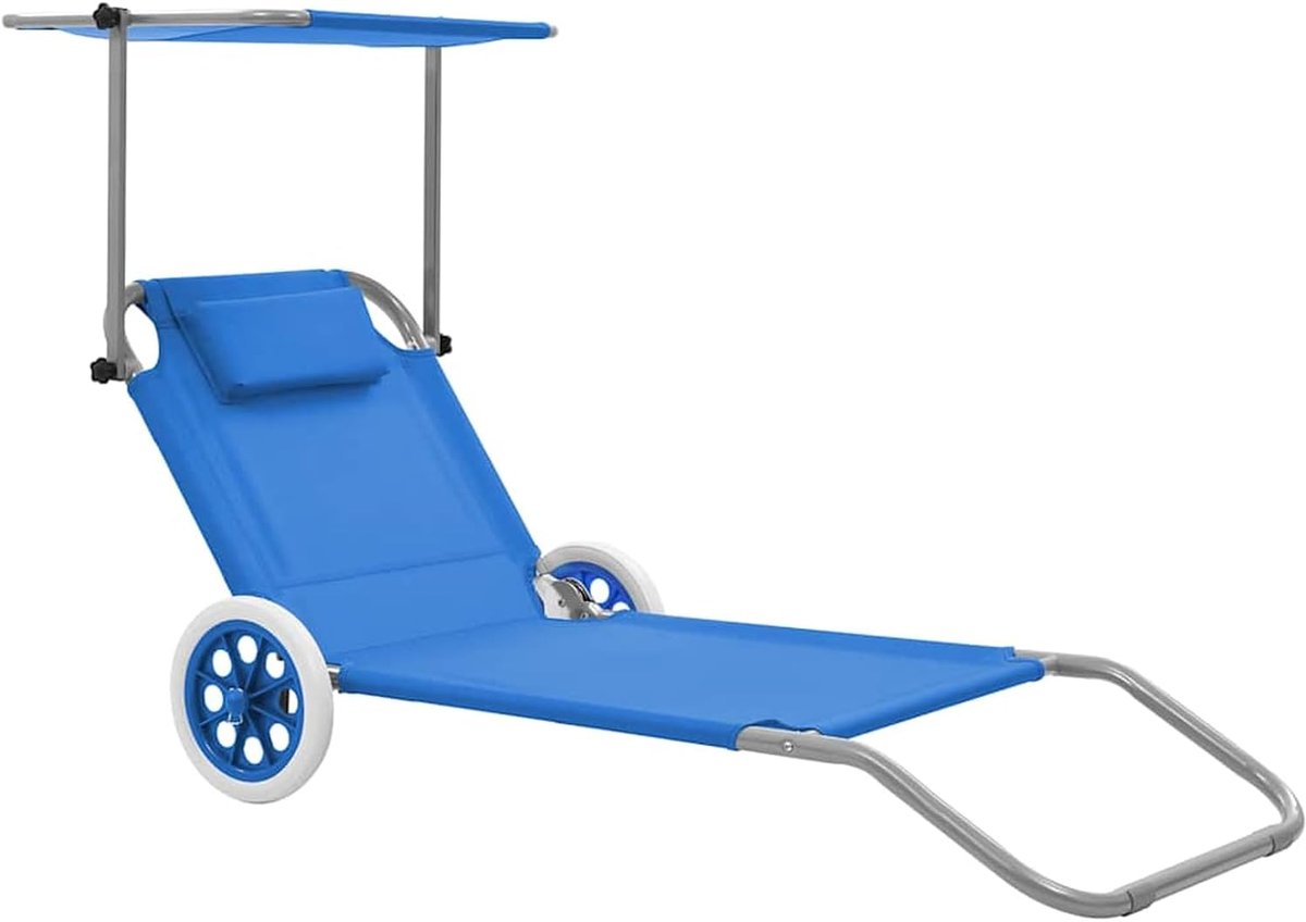 Opvouwbare ligstoel - strandstoel met verstelbaar dak, gewatteerd, blauw, 146x63x55 cm, voor tuin en strand 44322