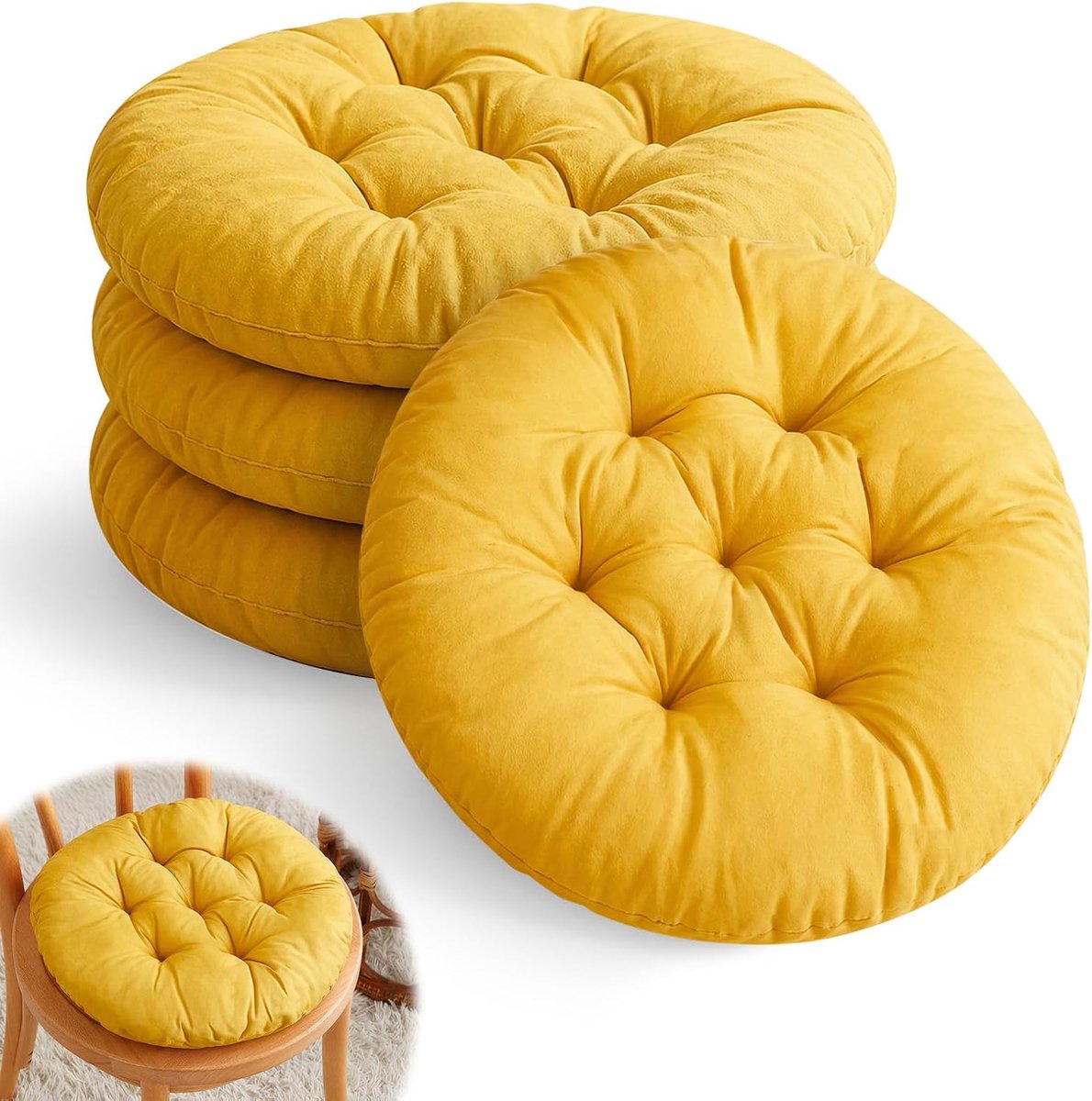 Set van 4 ronde stoelkussens, 40 cm, rond zitkussen, gevuld zitkussen, zacht zitkussen met parelkatoenen vulling voor tuinstoelen, eetkamer, machinewasbaar (kurkuma)
