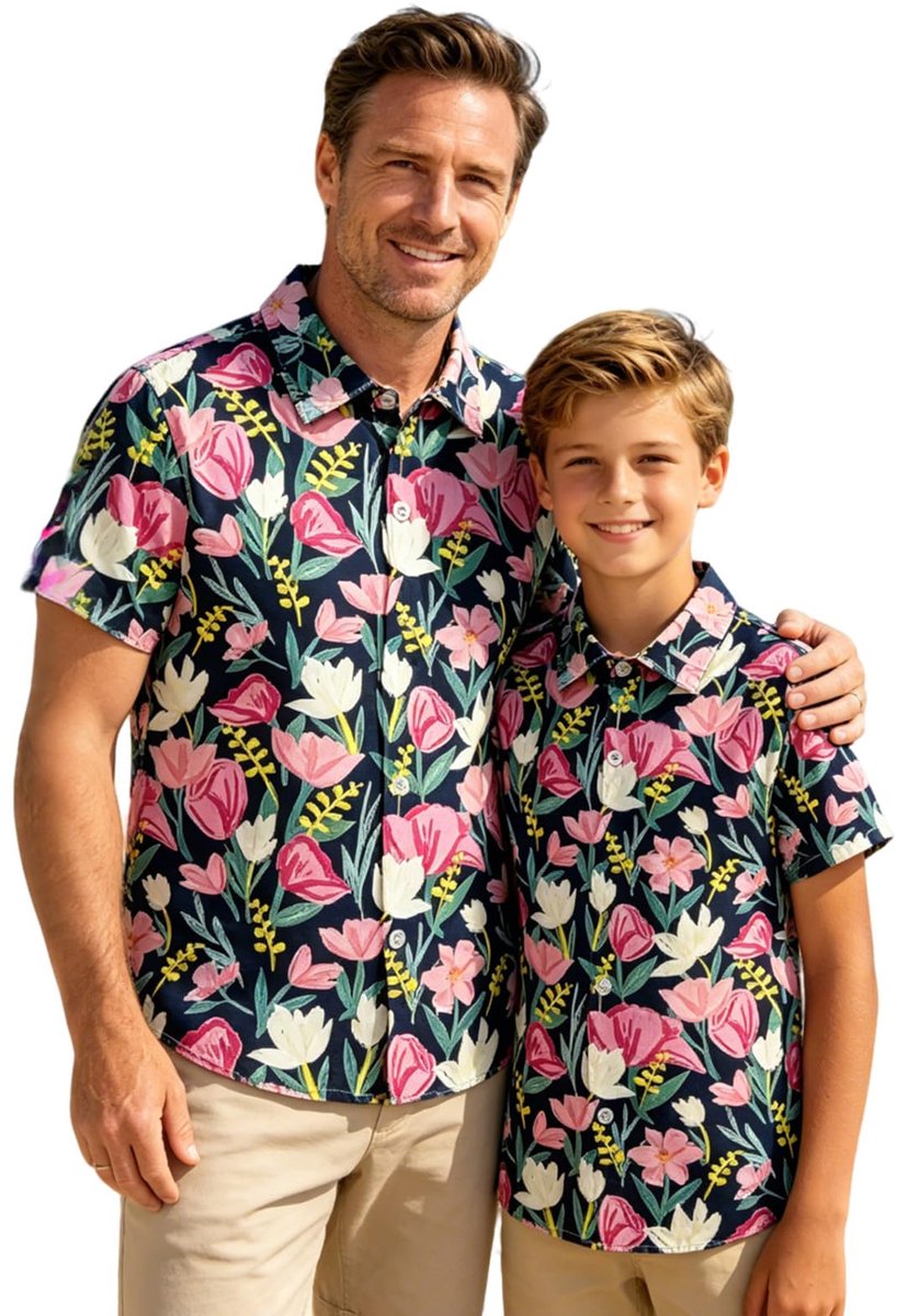 Hawaiihemd Vader en Zoon - Korte Mouwen - Bloemenprint - Perfect voor Strandvakantie - SnelShoppen
