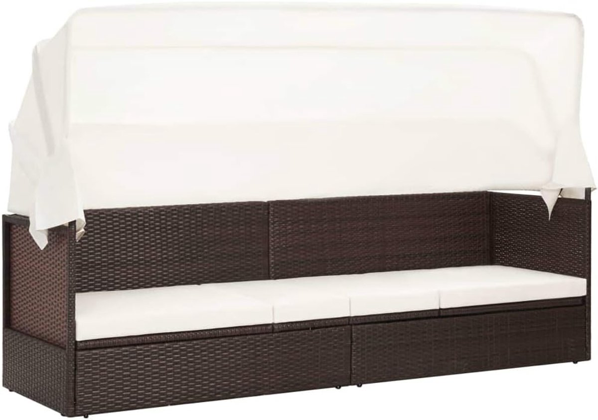 Tuinbed met Zonnekap en Dik Gevoerd Kussen Ligstoel van Polyrotan, Zonnekap, Dik Gevoerd Kussen voor Tuin en Zwembad (Bruin)